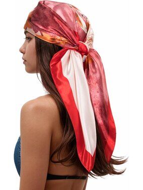 Women's Red Pink Printed Square Scarf Bandanas Hair Scarf 35 Inches